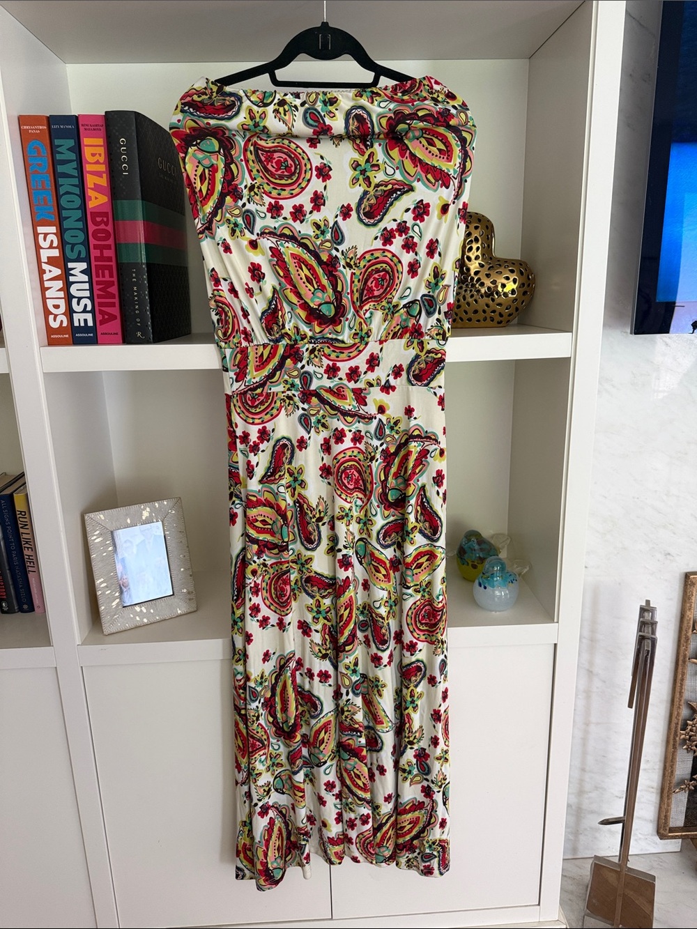Veronica M White Maxi Dress with Red, Green and Yellow Paisley Print